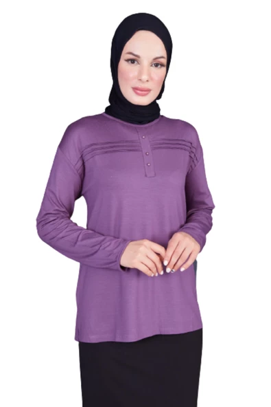 Fresh&Moda Kadın Lila Likralı Anne Penye Bluz (36486159) ürün görseli 1