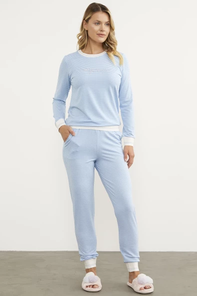 Çizgili Sıfır Yaka Pijama Takım - Mavi ürün görseli 1