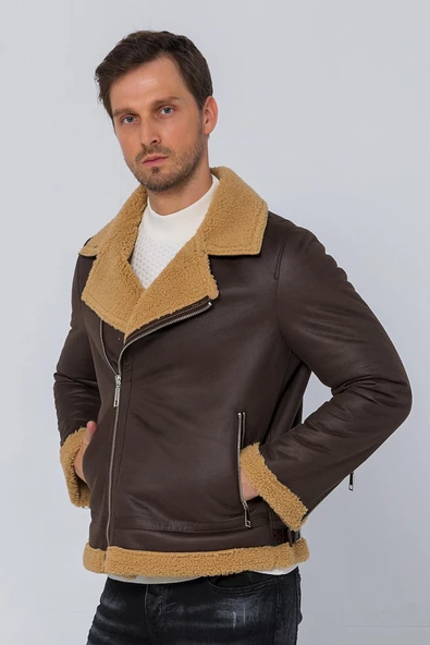 Erkek Regular Fit İçi Yünlü Fermuar Detaylı Deri İşçilikli Klasik Napa Deri Mont - Resim 9