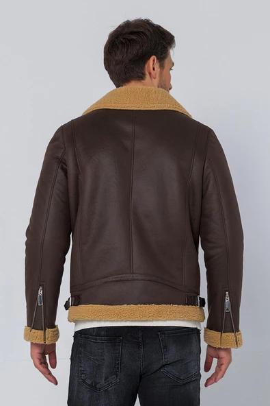 Erkek Regular Fit İçi Yünlü Fermuar Detaylı Deri İşçilikli Klasik Napa Deri Mont - Resim 10