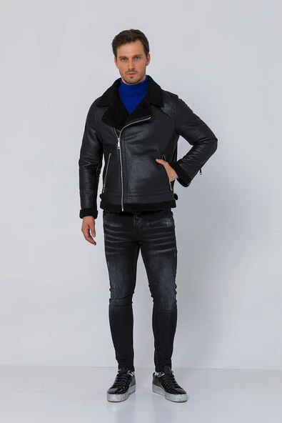 Erkek Regular Fit İçi Yünlü Fermuar Detaylı Deri İşçilikli Klasik Napa Deri Mont - Resim 3