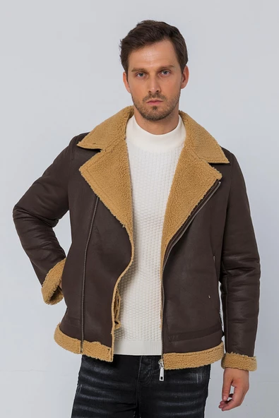 Erkek Regular Fit İçi Yünlü Fermuar Detaylı Deri İşçilikli Klasik Napa Deri Mont - Resim 11