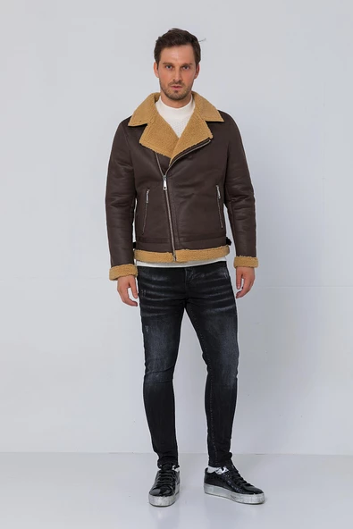 Erkek Regular Fit İçi Yünlü Fermuar Detaylı Deri İşçilikli Klasik Napa Deri Mont - Resim 12