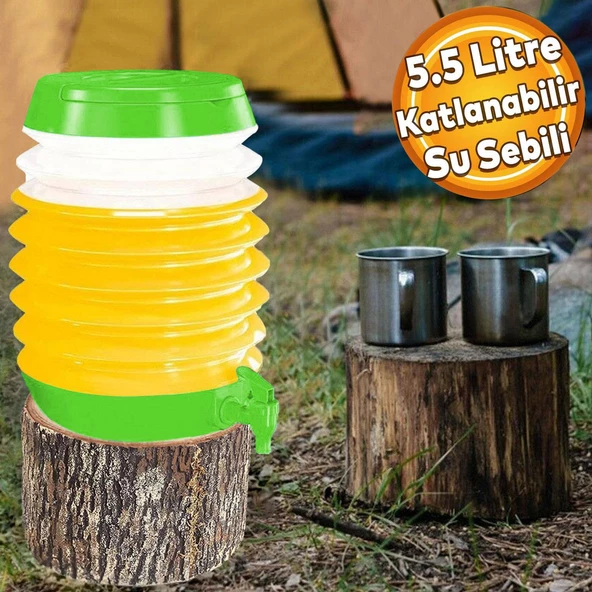 Akordiyonlu Su Sebili Meşrubat İçecek Kabı Bidonu Damacana Katlanabilir Musluklu Körüklü 5.5 Litre Termos Piknik Kamp Mangal Yeşil ürün görseli 1
