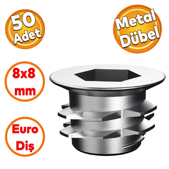Mobilya Bağlantı Eleman Eki Euro Diş 6 Köşe Vida Metal Dübel 8x8 M6 Çinko (50 ADET) ürün görseli 1