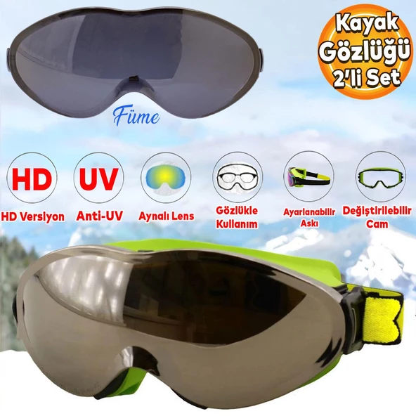 Bellasimo Kayak Gözlüğü Değiştirebilir Camlı Antifog Güneş Kar Gözlük Gümüş Snowboard Glasses Gözlük+1 Adet Yedek Cam (Füme) ürün görseli 1