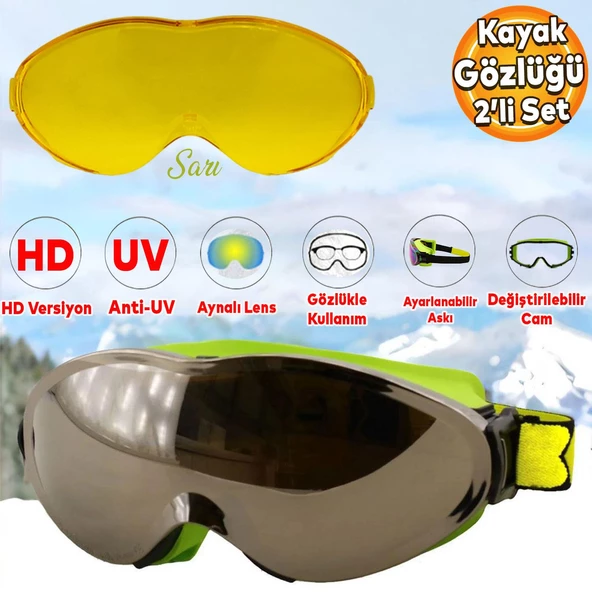 Bellasimo Kayak Gözlüğü Değiştirebilir Camlı Antifog Güneş Kar Gözlük Gümüş Snowboard Glasses Gözlük+1 Adet Yedek Cam (Sarı) ürün görseli 1