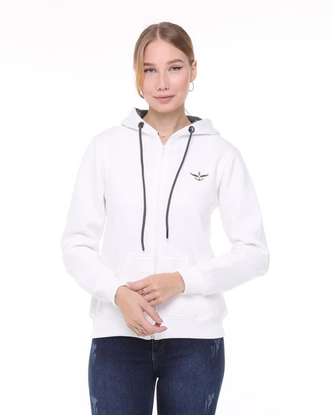 Backpacker Kadın Sweatshirt Kapüşonlu Fermuarlı Ekru - Resim 2