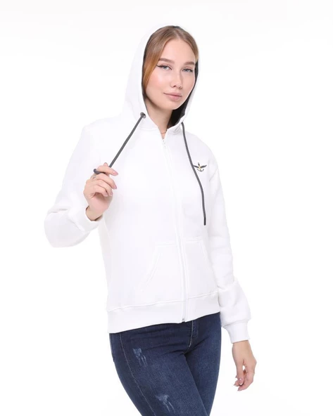Backpacker Kadın Sweatshirt Kapüşonlu Fermuarlı Ekru - Resim 5