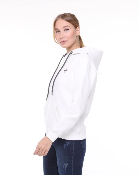 Backpacker Kadın Sweatshirt Kapüşonlu Fermuarlı Ekru - Resim 4