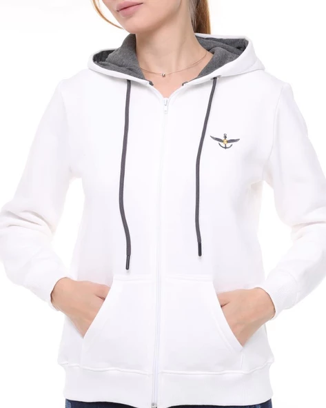 Backpacker Kadın Sweatshirt Kapüşonlu Fermuarlı Ekru - Resim 8