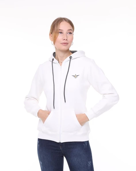 Backpacker Kadın Sweatshirt Kapüşonlu Fermuarlı Ekru - Resim 3