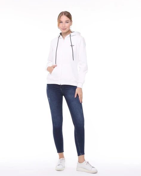 Backpacker Kadın Sweatshirt Kapüşonlu Fermuarlı Ekru ürün görseli 1
