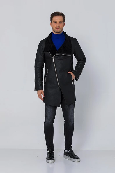Erkek Regular Fit İçi Yünlü Fermuar Detaylı Deri İşçilikli Klasik Napa Deri Mont - Resim 3