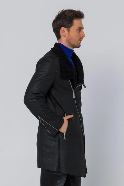 Erkek Regular Fit İçi Yünlü Fermuar Detaylı Deri İşçilikli Klasik Napa Deri Mont - Resim 6