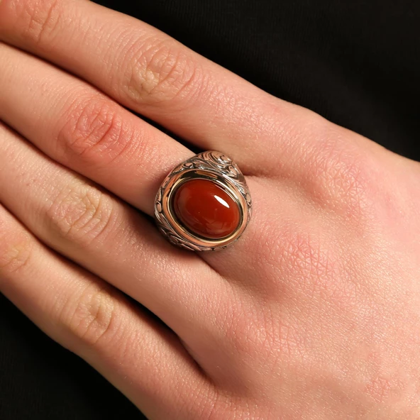 925 Ayar Gümüş ve Bronz Karışımı Akik Taşlı İşlemeli Erkek Yüzük, Oval ürün görseli 1