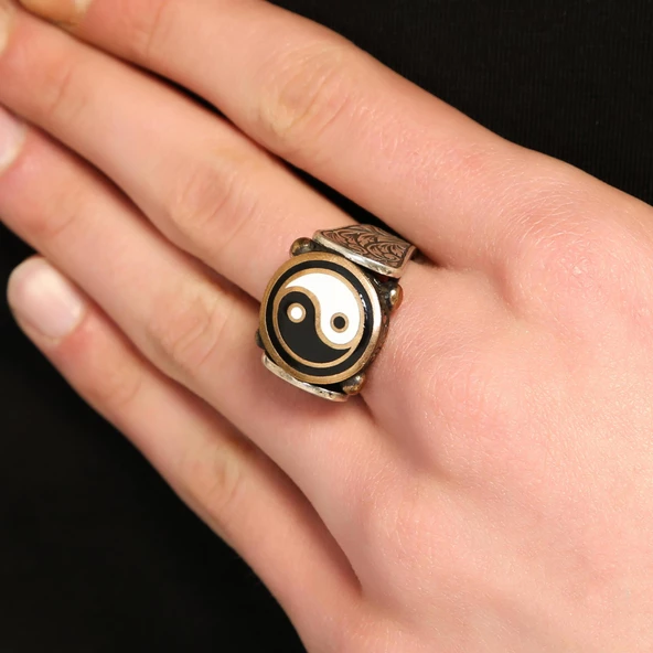 925 Ayar Gümüş ve Bronz Karışımı Ying Yang Denge Modeli Erkek Yüzüğü ürün görseli 1