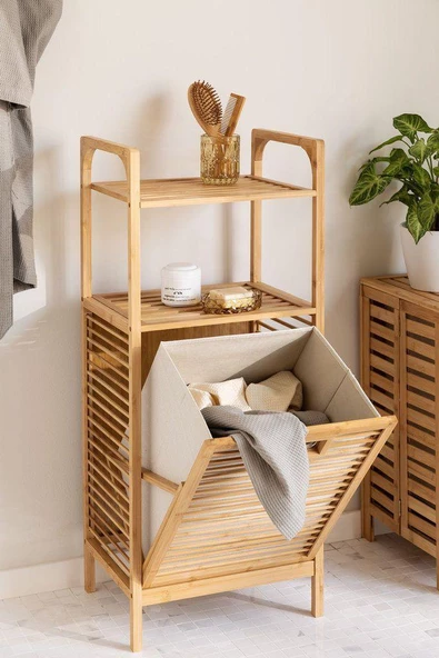 Digithome Bambu Kirli Sepetli 2 Raflı Çok Amaçlı Banyo Düzenleyici Çamaşır Sepeti Organizer DB-0001 ürün görseli 1