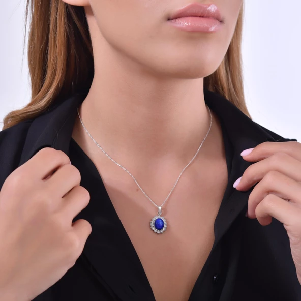 925 Ayar Gümüş Çiçek Tasarım Oval Lapis Taşlı Kolye ürün görseli 1