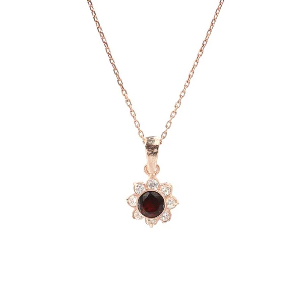 925 Ayar Gümüş Minik Çiçek Tasarım Garnet Taşlı Kolye ürün görseli 1