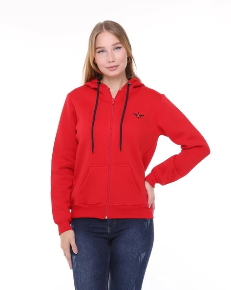 Backpacker Kadın Sweatshirt Kapüşonlu Fermuarlı Kırmızı - Resim 2