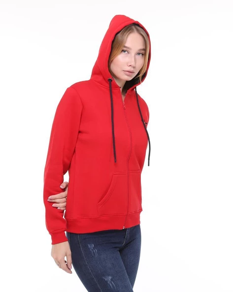Backpacker Kadın Sweatshirt Kapüşonlu Fermuarlı Kırmızı - Resim 5