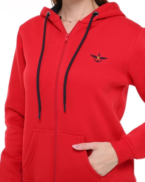 Backpacker Kadın Sweatshirt Kapüşonlu Fermuarlı Kırmızı - Resim 7