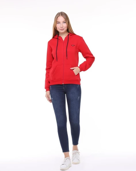 Backpacker Kadın Sweatshirt Kapüşonlu Fermuarlı Kırmızı ürün görseli 1