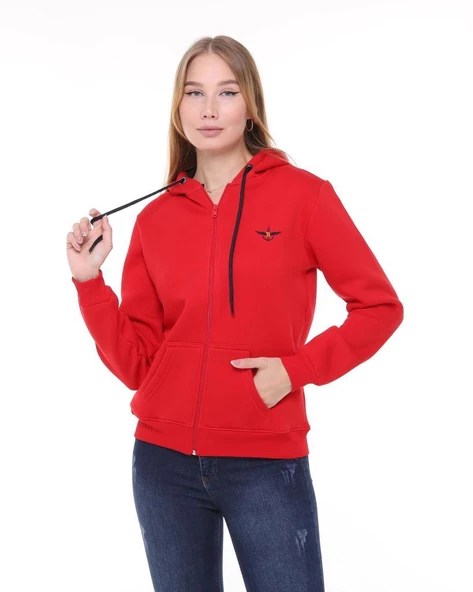 Backpacker Kadın Sweatshirt Kapüşonlu Fermuarlı Kırmızı - Resim 3