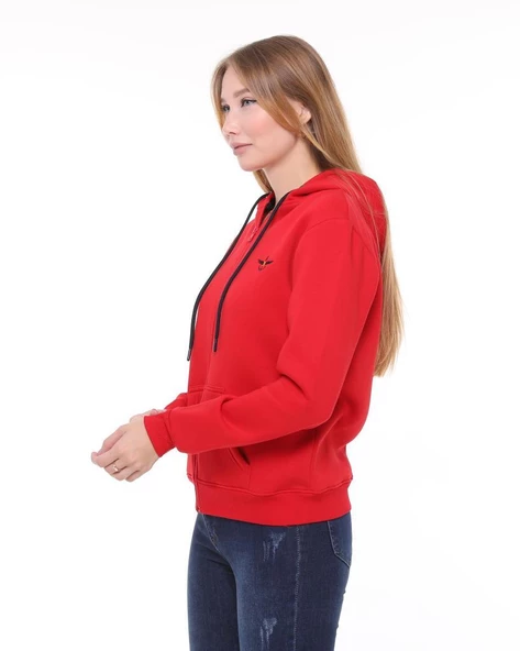 Backpacker Kadın Sweatshirt Kapüşonlu Fermuarlı Kırmızı - Resim 4