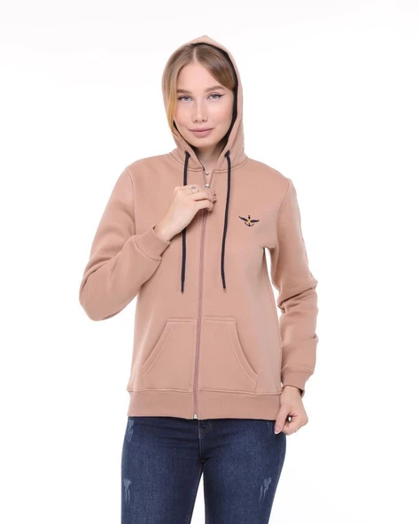 Backpacker Kadın Sweatshirt Kapüşonlu Fermuarlı Bej - Resim 5