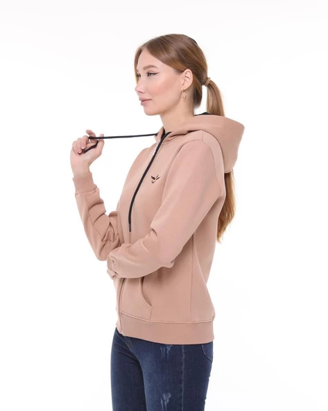 Backpacker Kadın Sweatshirt Kapüşonlu Fermuarlı Bej - Resim 3