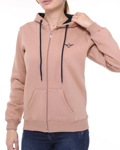 Backpacker Kadın Sweatshirt Kapüşonlu Fermuarlı Bej - Resim 7