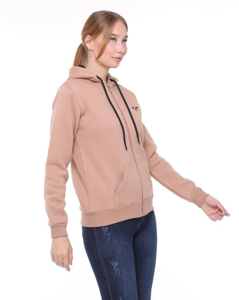 Backpacker Kadın Sweatshirt Kapüşonlu Fermuarlı Bej - Resim 4