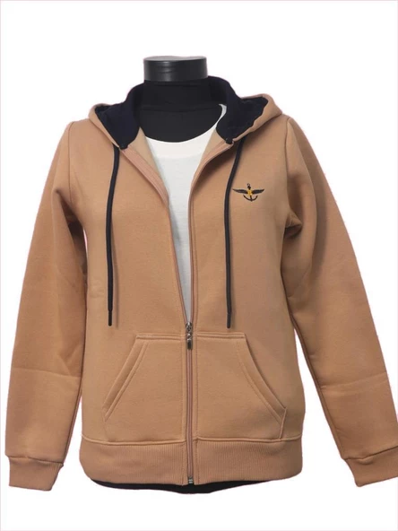 Backpacker Kadın Sweatshirt Kapüşonlu Fermuarlı Bej - Resim 9
