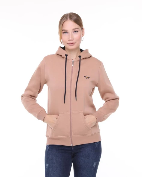 Backpacker Kadın Sweatshirt Kapüşonlu Fermuarlı Bej - Resim 2