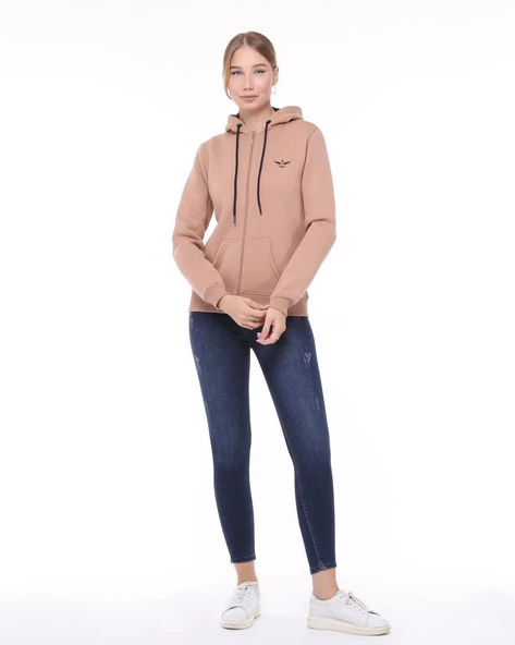 Backpacker Kadın Sweatshirt Kapüşonlu Fermuarlı Bej ürün görseli 1
