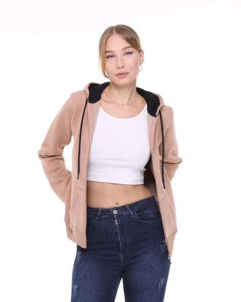 Backpacker Kadın Sweatshirt Kapüşonlu Fermuarlı Bej - Resim 8
