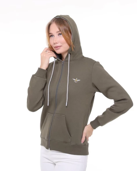 Backpacker Kadın Sweatshirt Kapüşonlu Fermuarlı Haki - Resim 5