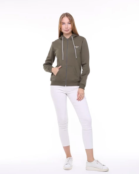 Backpacker Kadın Sweatshirt Kapüşonlu Fermuarlı Haki ürün görseli 1