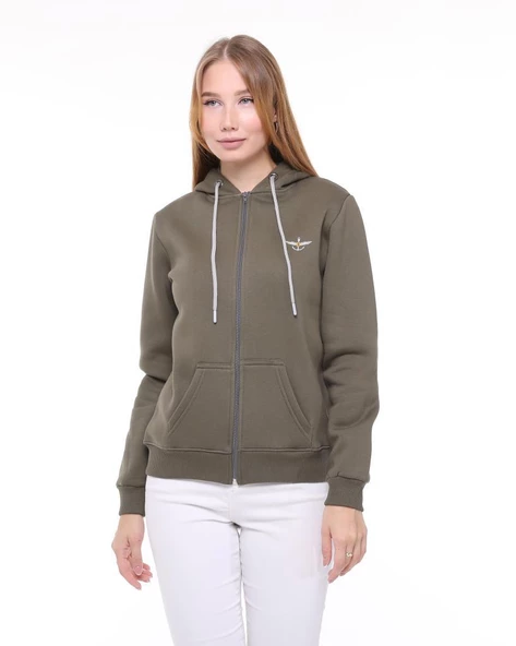 Backpacker Kadın Sweatshirt Kapüşonlu Fermuarlı Haki - Resim 2