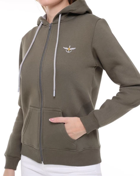 Backpacker Kadın Sweatshirt Kapüşonlu Fermuarlı Haki - Resim 8