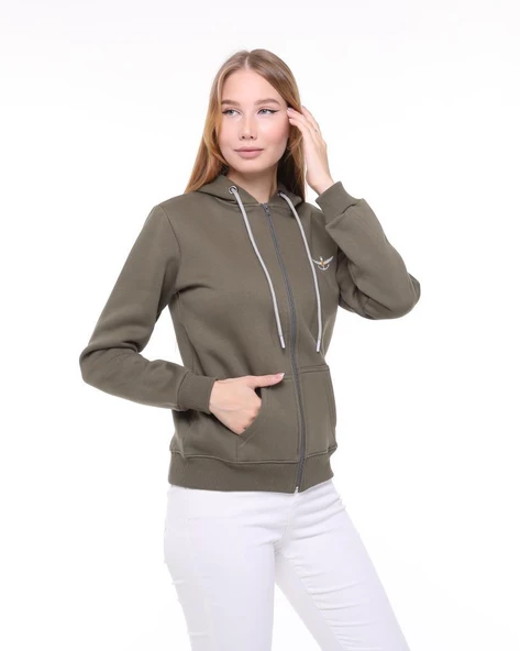 Backpacker Kadın Sweatshirt Kapüşonlu Fermuarlı Haki - Resim 4