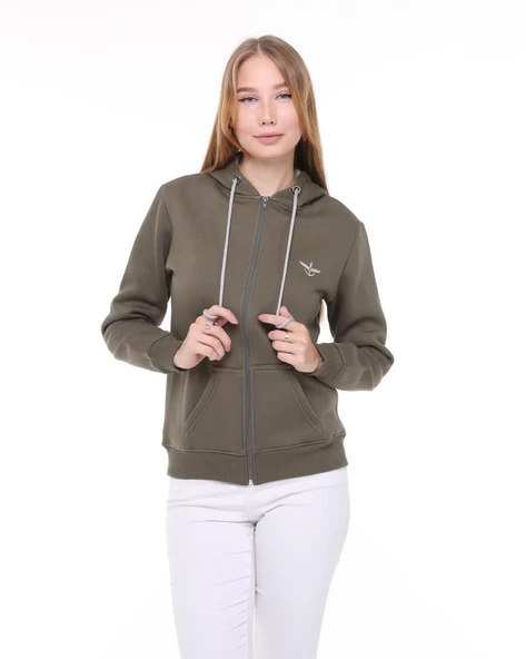 Backpacker Kadın Sweatshirt Kapüşonlu Fermuarlı Haki - Resim 3