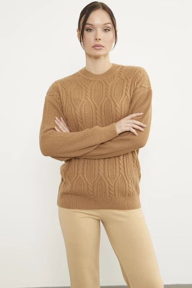 Oversize Kabartma Desenli Triko Kazak - Kamel - Resim 2