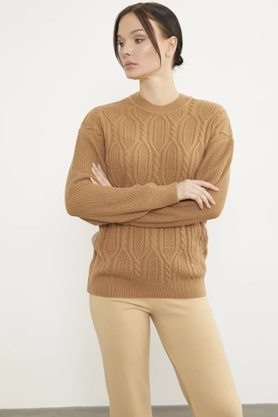 Oversize Kabartma Desenli Triko Kazak - Kamel - Resim 3