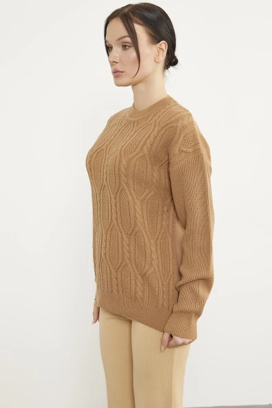 Oversize Kabartma Desenli Triko Kazak - Kamel - Resim 4