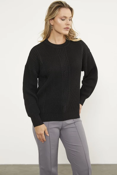Petek Desenli Oversize Triko Kazak - Siyah - Resim 3