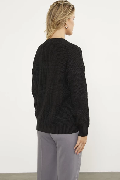 Petek Desenli Oversize Triko Kazak - Siyah - Resim 5