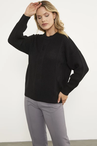 Petek Desenli Oversize Triko Kazak - Siyah - Resim 2
